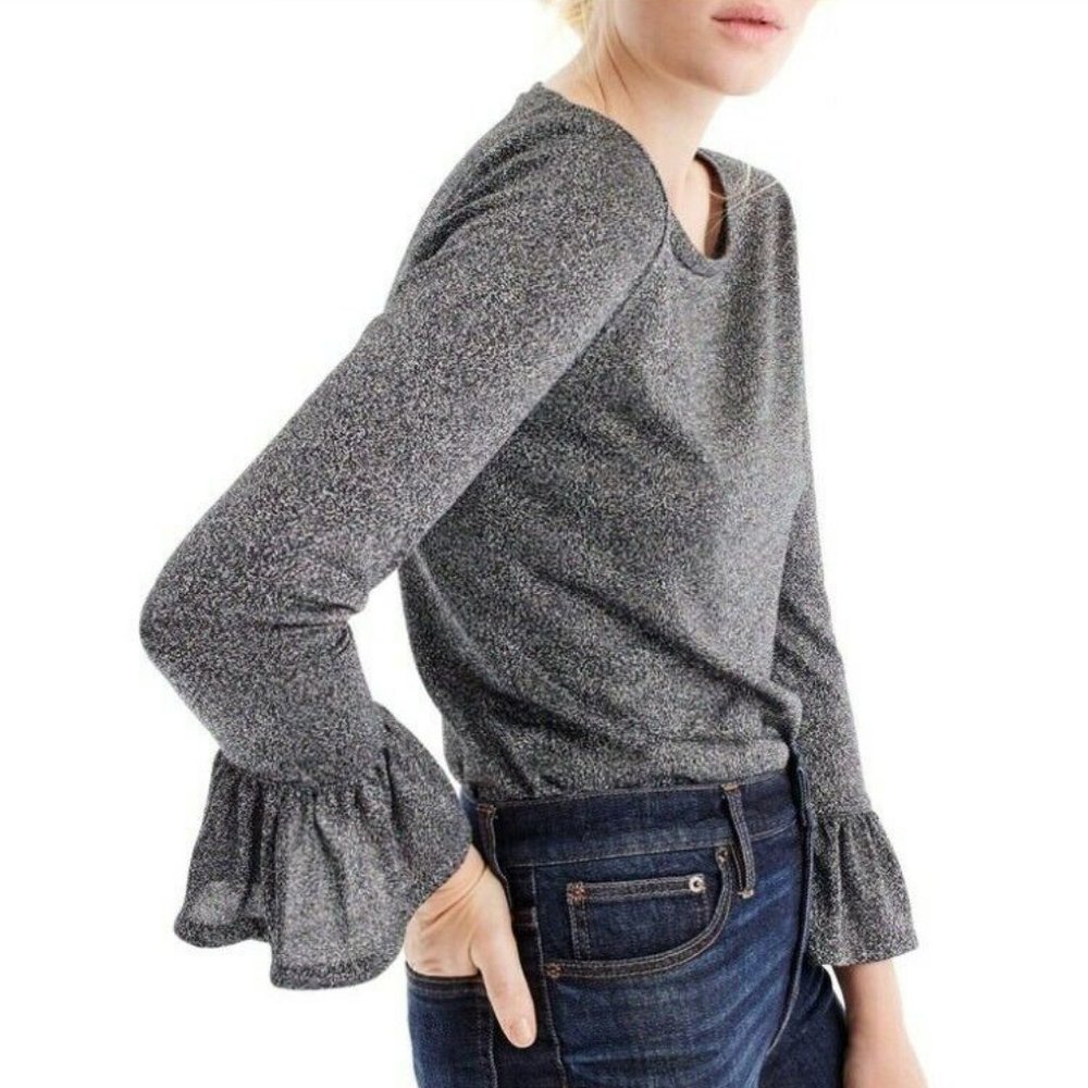 J. Crew Top S Silver Sparkle Bell Sleeve Metallic